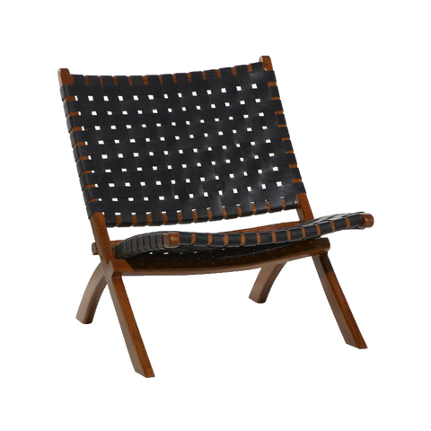 Black Leather Woven Folding Lounge Chair